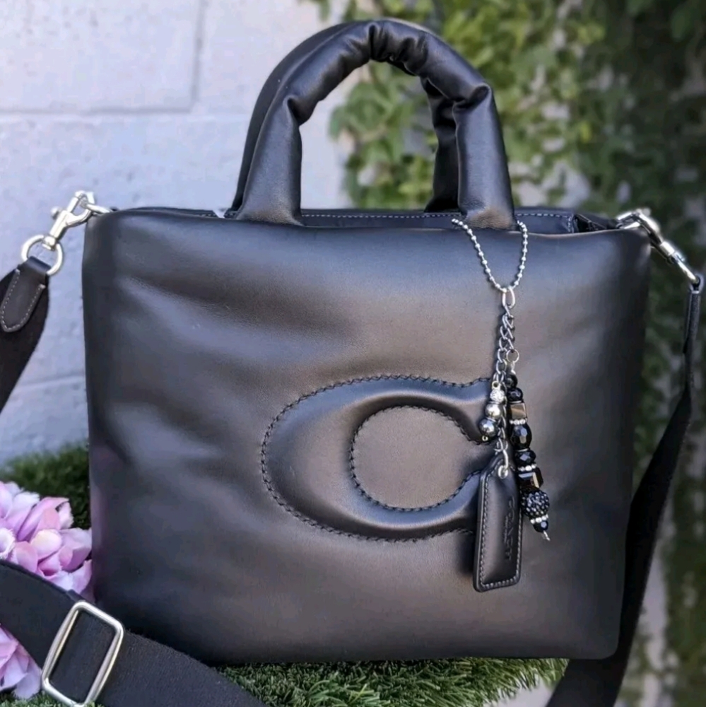 Coach CP095 Black Soft Leather PILLOW TOTE. Quilted Handbag crossbody Purse - Picture 5 of 7